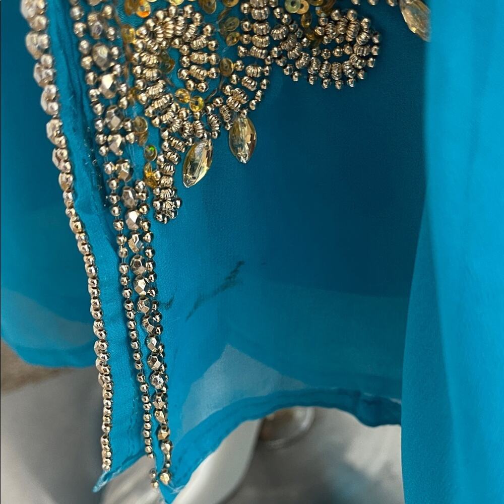 Moroccan Kaftan Maxi Dress Turquoise Hand Beaded Dubai Style Long Sleeve Formal - Picture 9 of 16